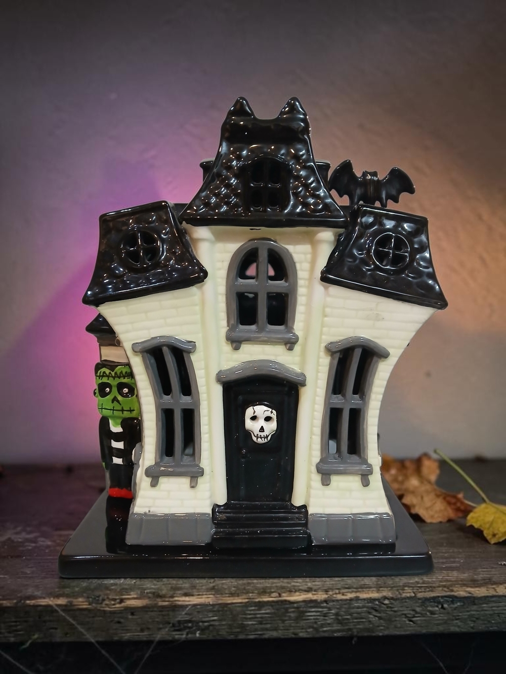 Ceramic Haunted House Luminary with Skull Door - Black & Cream